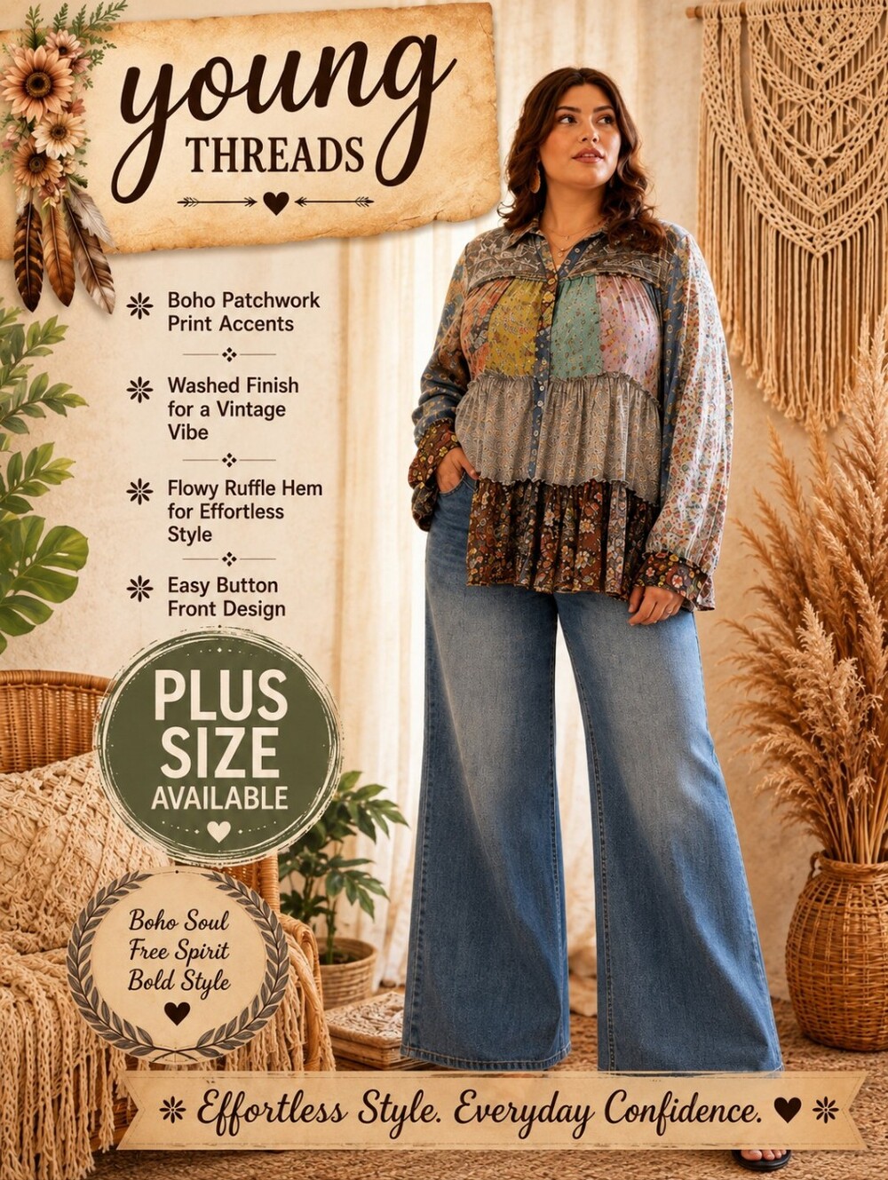 137 Young Threads Women's Boho Patchwork Ruffle Blouse - Multicolor